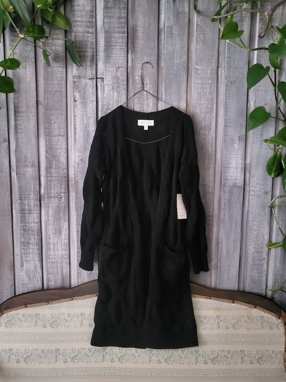 Wild Skye Black Pointelle Knit Long Duster Cardigan Sweater Size M NWT